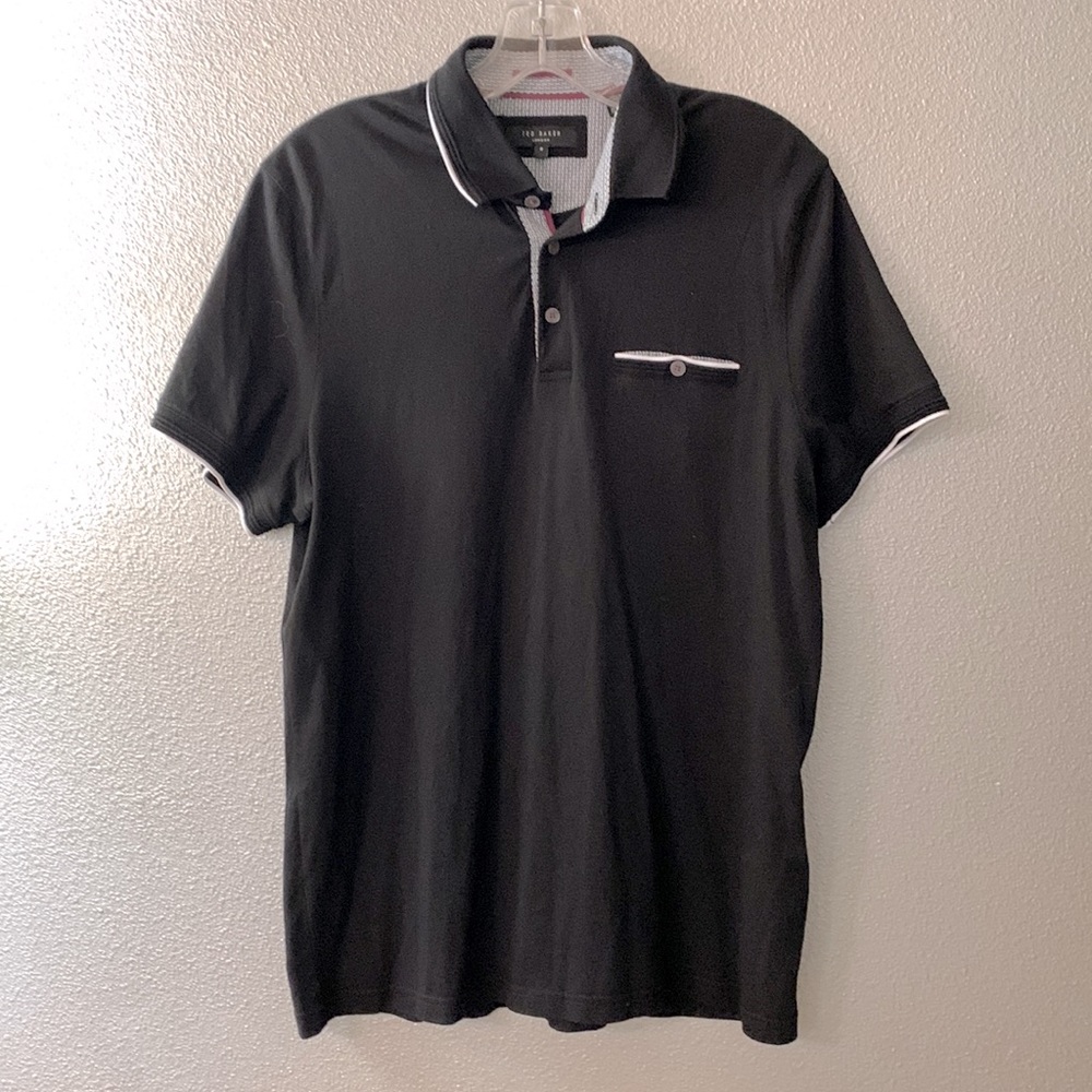 TED Baker London Polo Shirt Short Sleeve Black White trim men’s size 4 or LARGE